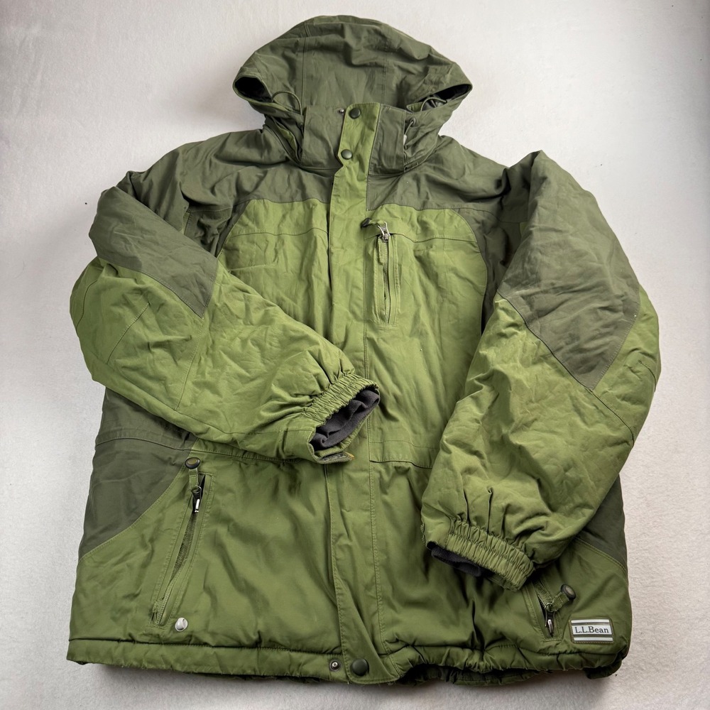 LL Bean Mens Primaloft Insulated Winter Parka Jacket Green Hooded Large OPH13